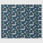 Kerstdorp Blauw patroon 'Vrolijk Kerstfeest' Cadeaupapier (Vlak)