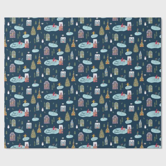 Kerstdorp Blauw patroon 'Vrolijk Kerstfeest' Cadeaupapier (Vlak)