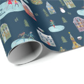 Kerstdorp Blauw patroon 'Vrolijk Kerstfeest' Cadeaupapier (Rol Hoek)