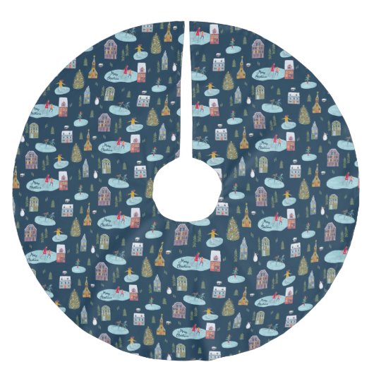 Kerstdorp Blauw patroon 'Vrolijk Kerstfeest' Kerstboom Rok (Voorkant)