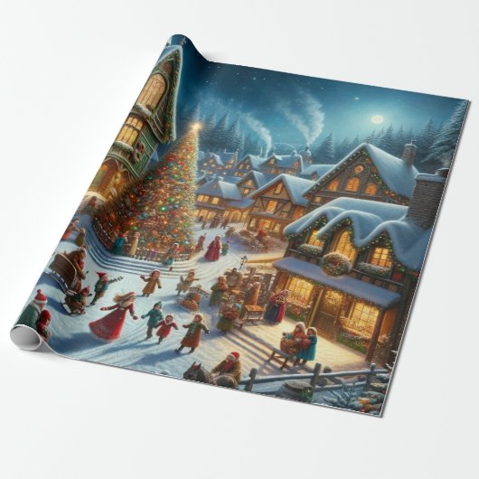 kerstdorp cadeaupapier (Uitgerold)