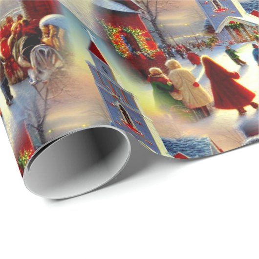 Kerstdorp Churchgoers Snow Wereldbol Patroon Cadeaupapier (Rol Hoek)