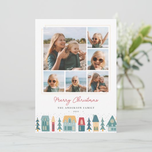 Kerstdorp fotocollage feestdagenkaart (Staand voorkant)