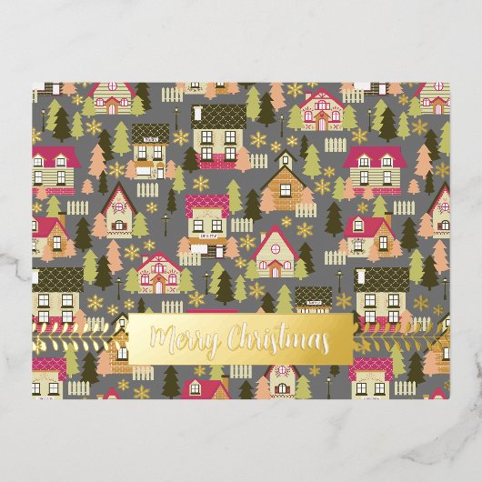 Kerstdorp Grijze Folie Holiday Post Kaart (Voorkant)
