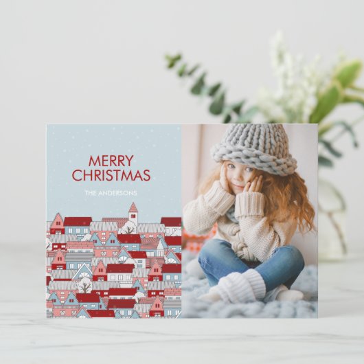 Kerstdorp Holiday Fotokaart Feestdagenkaart (Staand voorkant)