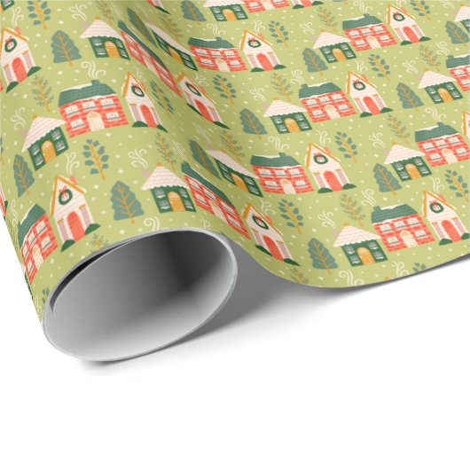 Kerstdorp in Pastel Green Cadeaupapier (Rol Hoek)