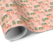 Kerstdorp in Pastel Pink Cadeaupapier (Rol Hoek)