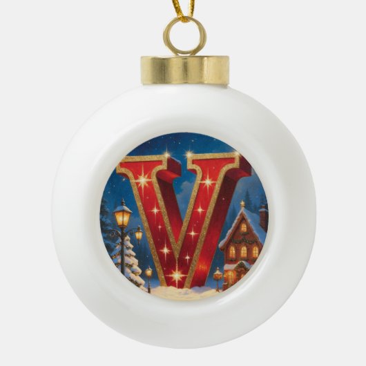 Kerstdorp Letter V Persoonlijke Initiaal Keramische Bal Ornament (Voorkant)