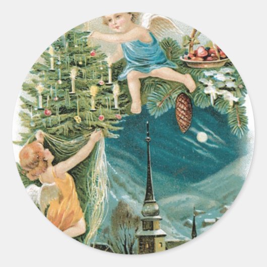 Kerstdorp met Angels Ronde Sticker (Voorkant)