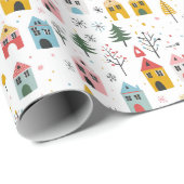Kerstdorp met huizen, bomen en sneeuw cadeaupapier (Rol Hoek)