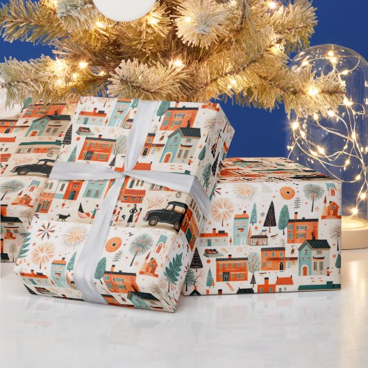 Kerstdorp Mid Century Modern Cadeaupapier (Feestdagen)