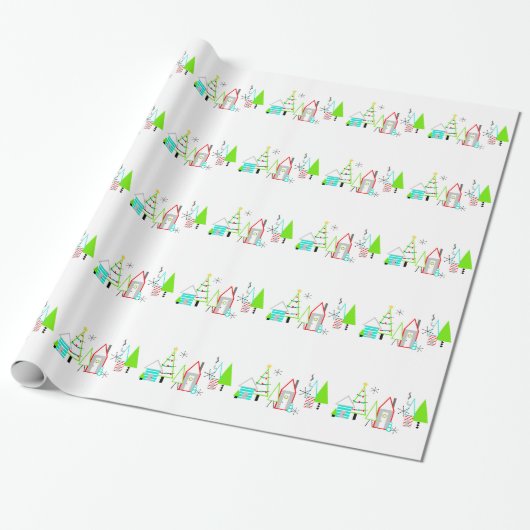 kerstdorp mid century modern cadeaupapier (Uitgerold)