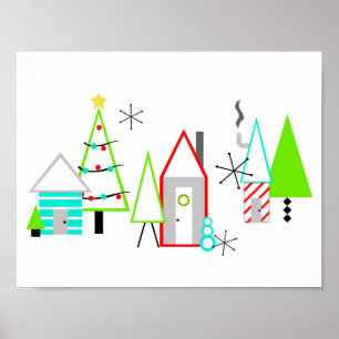 kerstdorp midden eeuw moderne poster