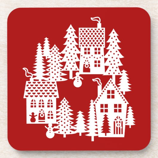 Kerstdorp Rood en wit Bier Onderzetter (Voorkant)