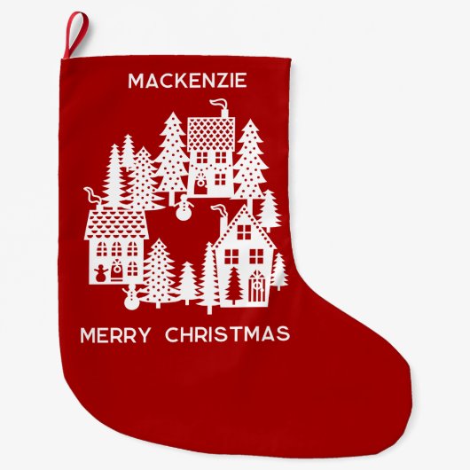 Kerstdorp Rood en Wit Gepersonaliseerd Grote Kerstsok (Voorkant)
