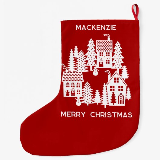 Kerstdorp Rood en Wit Gepersonaliseerd Grote Kerstsok (Achterkant)