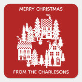 Kerstdorp Rood en Wit Gepersonaliseerd Vierkante Sticker (Voorkant)