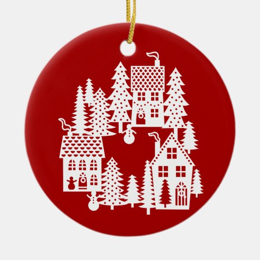 Kerstdorp Rood en wit Keramisch Ornament (Voorkant)