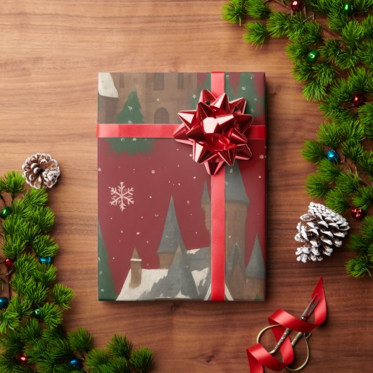 kerstdorp | Rood met besneeuwde huizen en dennen Cadeaupapier (Feestdagen Geschenken)