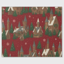 kerstdorp | Rood met besneeuwde huizen en dennen