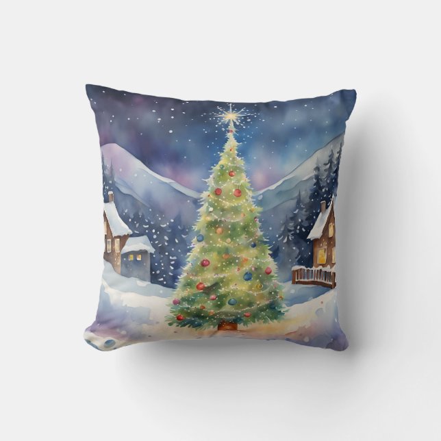 Kerstdorp Snowy Holiday Tree Lights Kussen (Voorkant)