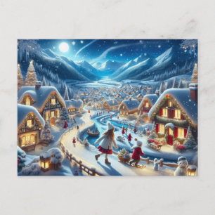 Kerstdorp Snowy Scene Schilderij Briefkaart