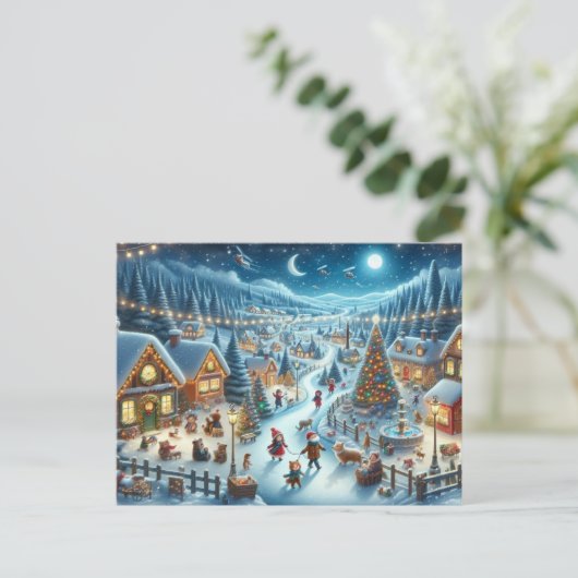 Kerstdorp Snowy Scene Schilderij Briefkaart (Staand voorkant)