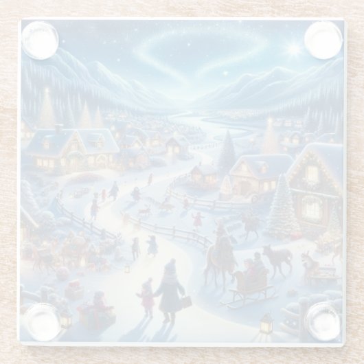 Kerstdorp Snowy Scene Schilderij Glazen Onderzetter (Achterkant)