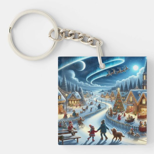 Kerstdorp Snowy Scene Schilderij Sleutelhanger (voorkant)