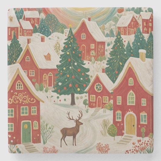 kerstdorp stenen onderzetter (Voorkant)