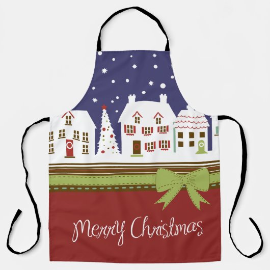 Kerstdorp Vrolijke Kerstmis Rode Sneeuw Winter Schort (Voorkant)