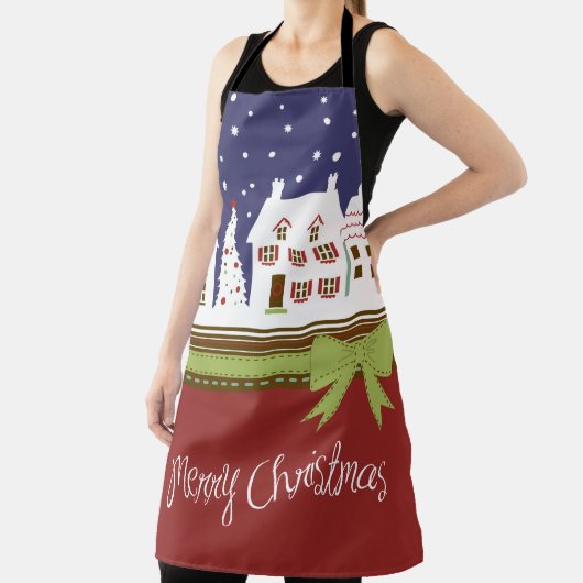 Kerstdorp Vrolijke Kerstmis Rode Sneeuw Winter Schort (Insitu)