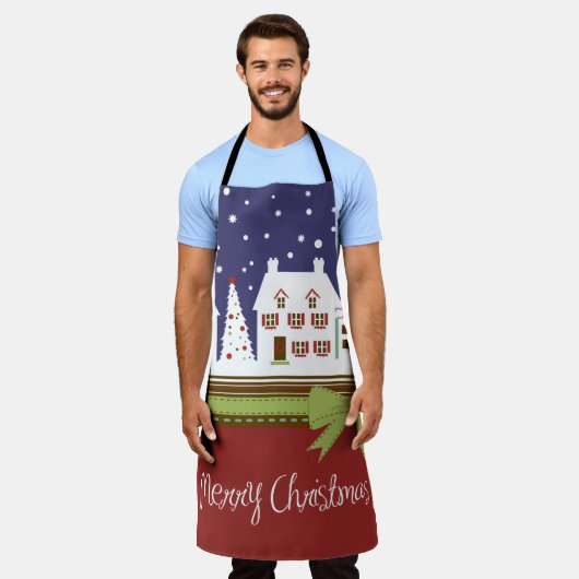 Kerstdorp Vrolijke Kerstmis Rode Sneeuw Winter Schort (Gedragen)