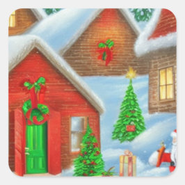 Kerstdorpje met sneeuwplezier kerstbezoeken vierkante sticker