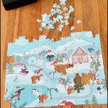 Kerstdorpsillustratie winterlandschap legpuzzel<br><div class="desc">Kerstdorpsillustratie in de winter met schattige winterillustraties met sneeuwman,  ontbijtkoekoek,  vossen,  konijnen,  andere dieren en mensen die schaatsen in de buurt van een vuur,  die plezier hebben met kerstboom,  cadeaus en bos,  met blauwe pastelwinterwonderlandtonen. Een griezelig klein kerstdorpslandschap.</div>