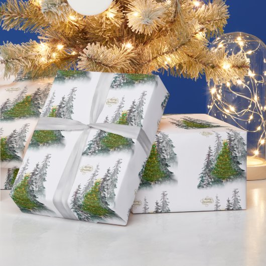 Kerstdraadboom in besneeuwd bos inpakpapier (Feestdagen)