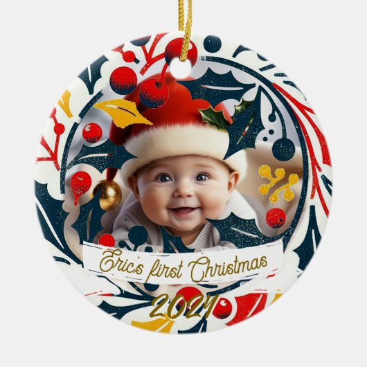 Kerstdrieluikkrans voor de eerste kerst van de bab keramisch ornament (Voorkant)