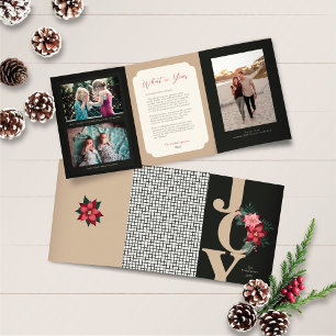 kerstdrievoudig Foto Red Black Joy Floral Drieluik Wenskaart