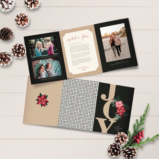 kerstdrievoudig Foto Red Black Joy Floral Drieluik Wenskaart