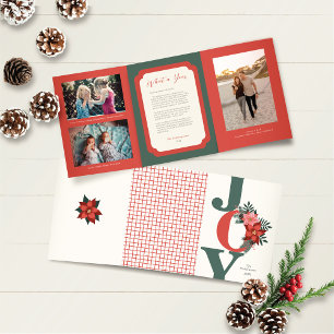 kerstdrievoudig Foto Red Green Joy Floral Drieluik Wenskaart