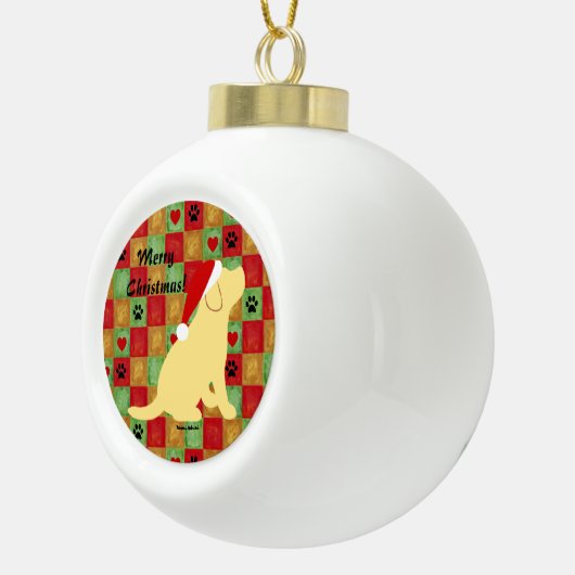 Kerstdrit gele labrador Puppy Keramische Bal Ornament (Rechts)