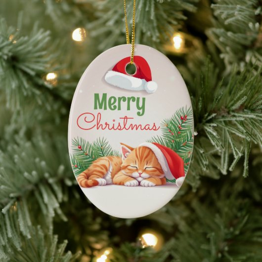 Kerstdromen - Sleeping Kitten in Santa Hat Keramisch Ornament (Boom)