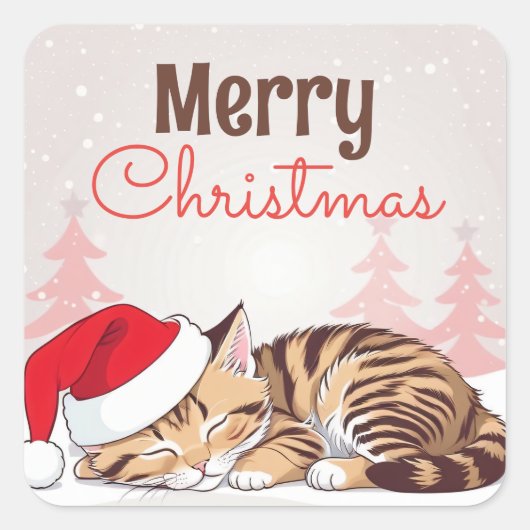 Kerstdromen - Sleeping Kitten in Santa Hat Vierkante Sticker (Voorkant)