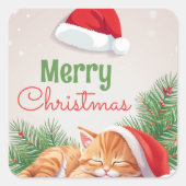 Kerstdromen - Sleeping Kitten in Santa Hat Vierkante Sticker (Voorkant)