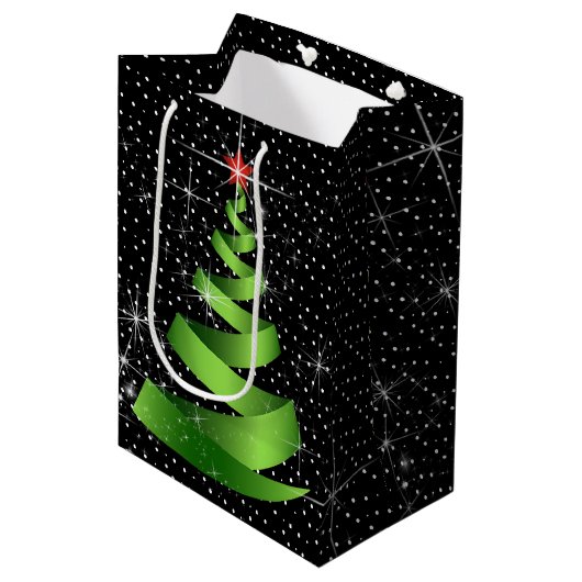 Kerstdroom met glanzend groene lint medium cadeauzakje (Voorkant Gekanteld)