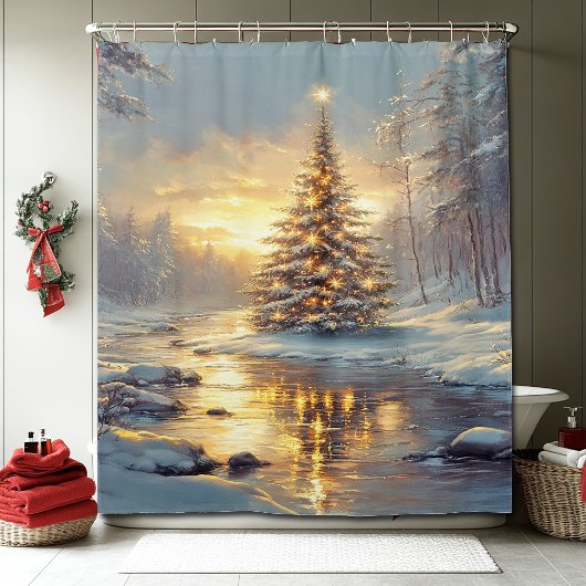 Kerstdroom Winter Bos Rivier Douchegordijn