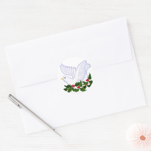 Kerstduif en Holly Ronde Sticker (Envelop)