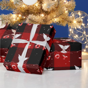 Kerstduif met vreugde op geruite stof cadeaupapier