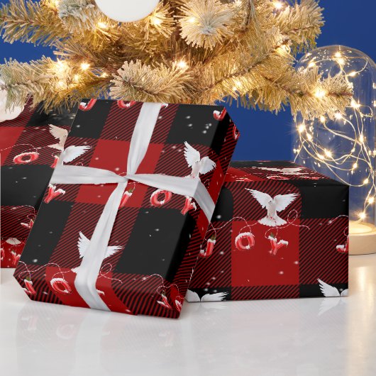 Kerstduif met vreugde op geruite stof cadeaupapier (Feestdagen)