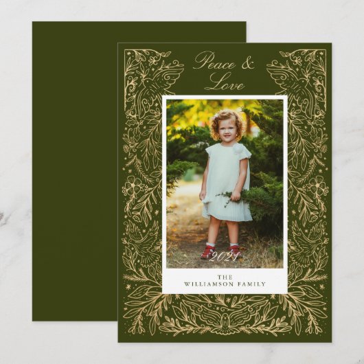 Kerstduiven van Floral Lijst Foto van Peace & Love Feestdagenkaart (Voorkant / Achterkant)